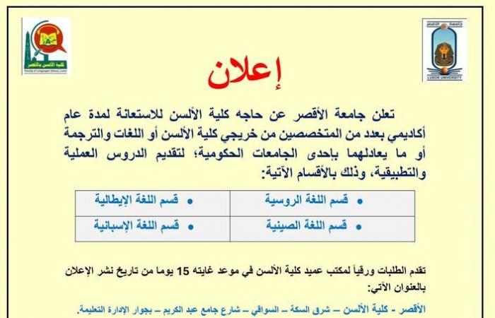 وظيفة جامعة.. جامعة الأقصر تعلن عن وظائف أعضاء هيئة تدريس في 4 تخصصات