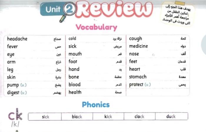 ملخص الوحدة الثانية لغة انجليزية في 4 ورقات لـ الصف الثالث الابتدائي