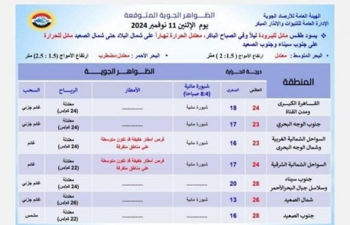 أمطار وشبورة.. الأرصاد تكشف تفاصيل حالة الطقس اليوم الاثنين 11 نوفمبر 2024